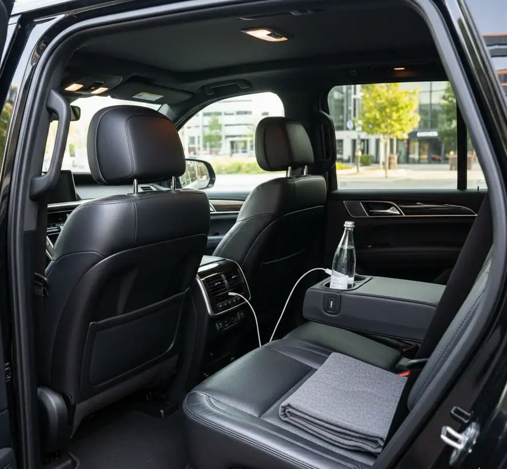 The interior of a luxury car from a limo service New Jersey, viewed from the rear passenger door, features black leather seats, a folded gray blanket, a bottle of water, and a charging cable on the center armrest.
