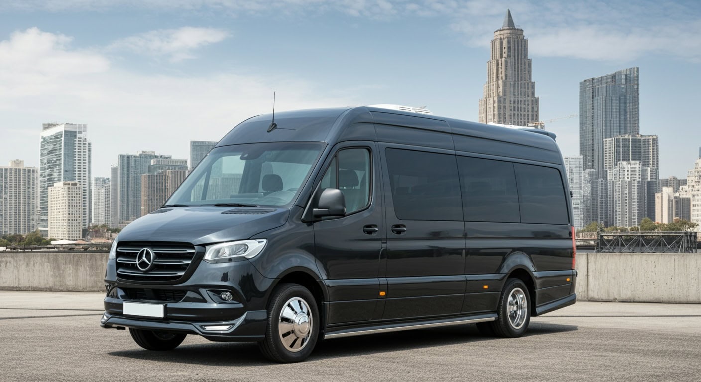 A black Mercedes-Benz Sprinter van from a premium Limo Service Jacksonville is parked on a rooftop in FL, with modern skyscrapers rising in the background under a partly cloudy sky.