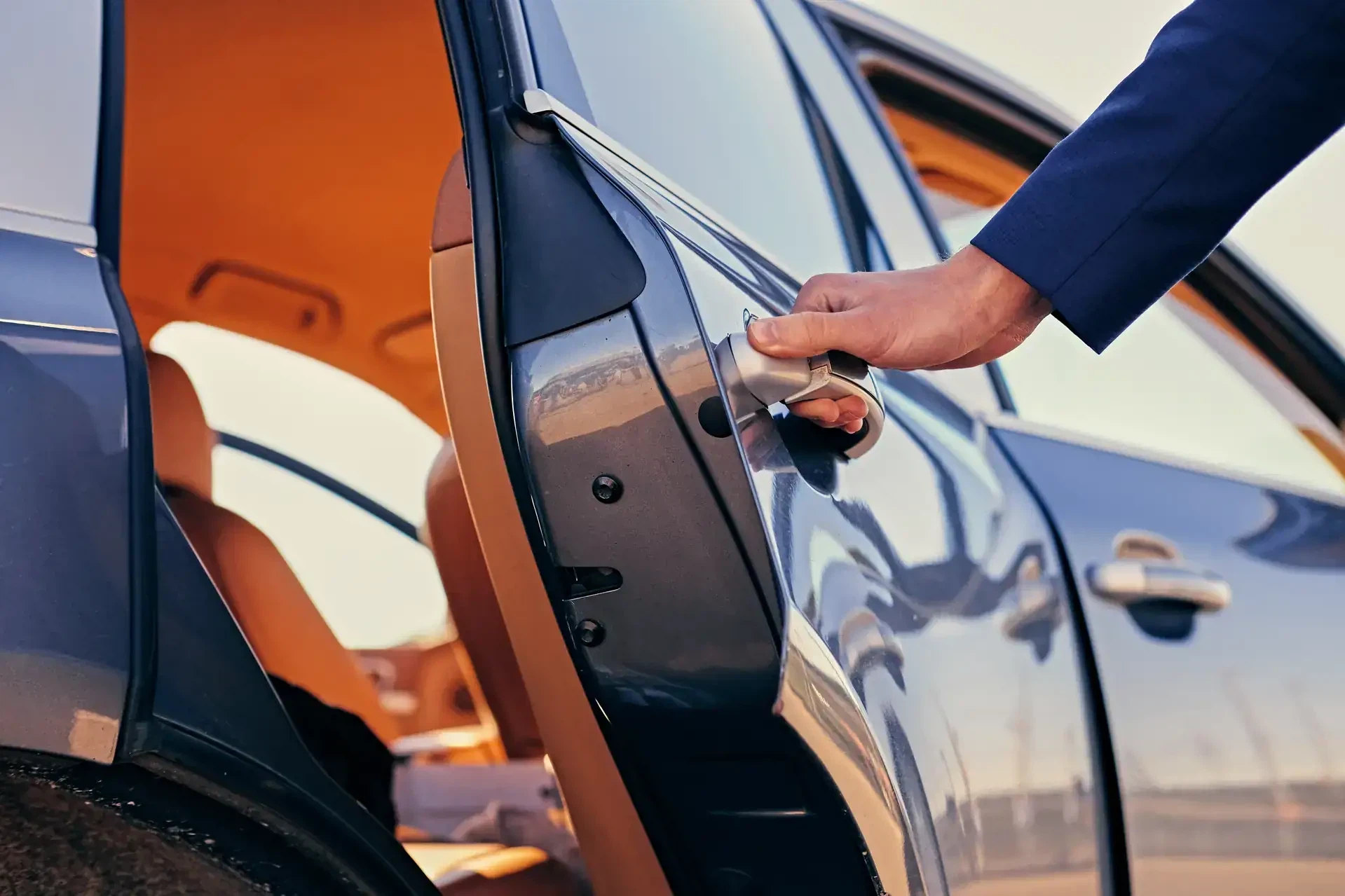 Opening car door blue sleeve