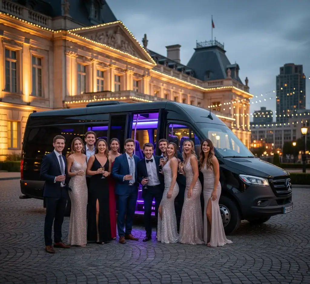 A group of young adults in formal evening wear pose and smile with drinks in front of a black party bus from a premier limo service New Jersey, parked on a cobblestone street near an elegant, illuminated building at dusk.