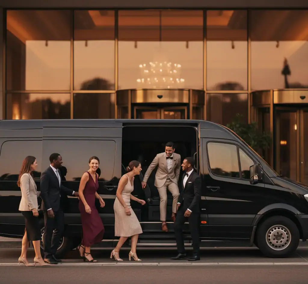 A group of well-dressed adults, smiling and laughing, exit a black van from a premium limo service New Jersey, parked in front of a building with large glass doors and a chandelier inside.