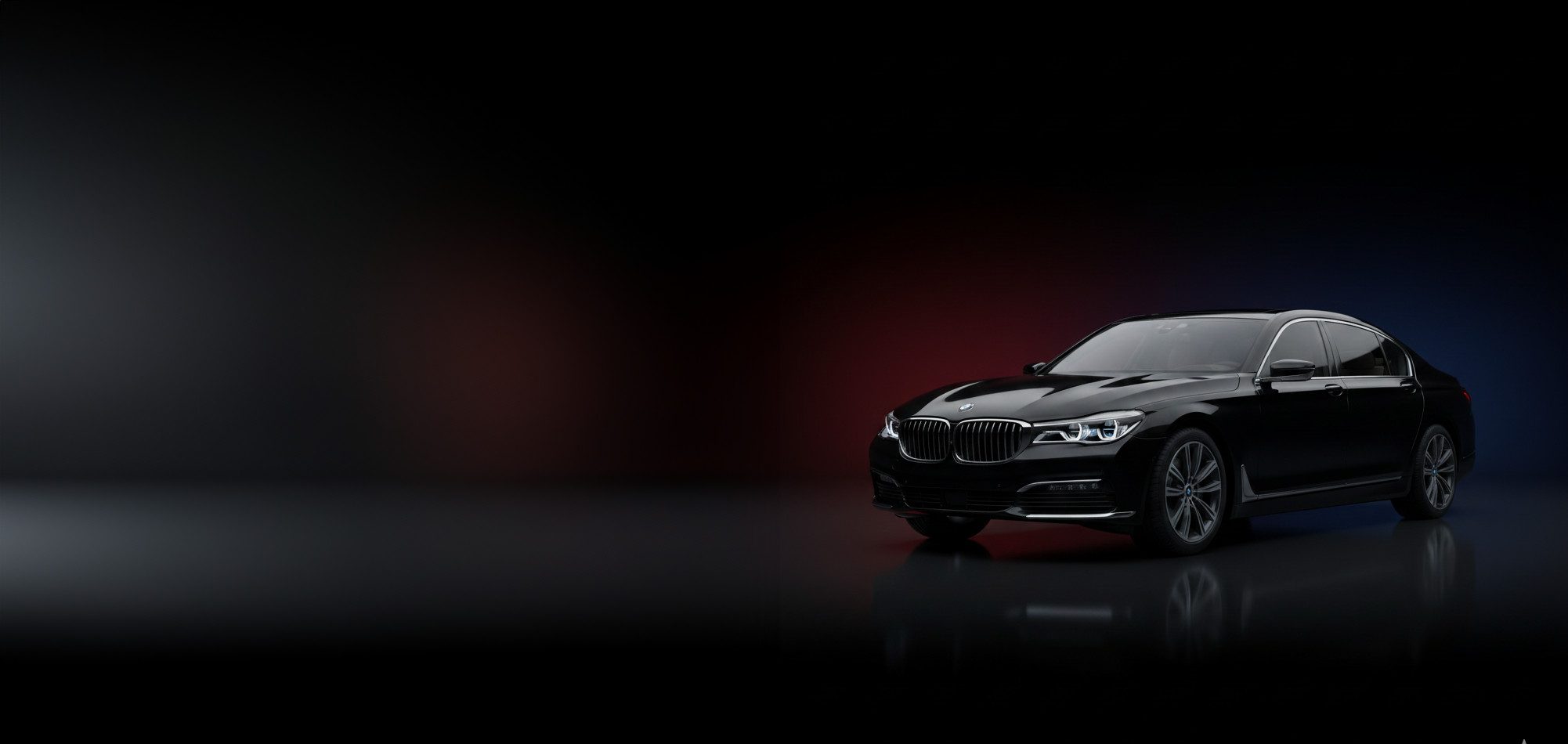 A sleek black luxury sedan, perfect for a premium limo service New Jersey, is parked on a glossy surface with a dark, gradient background that fades from black to subtle red and blue tones. The car is positioned on the right side of the image.