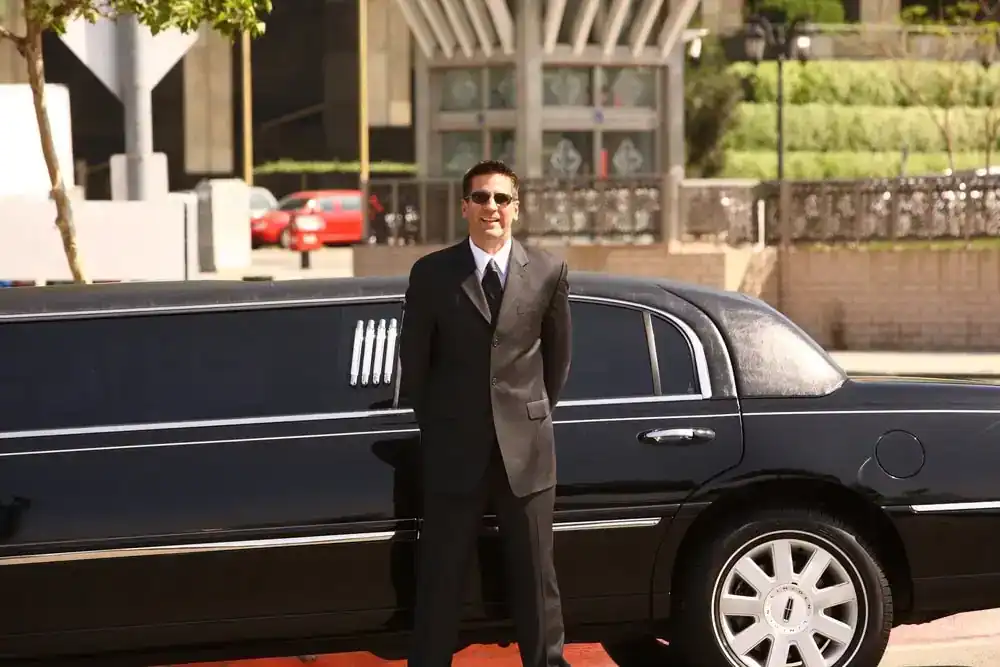 A man in a black suit and sunglasses stands in front of a black limousine on a sunny day, with buildings and greenery in the background.