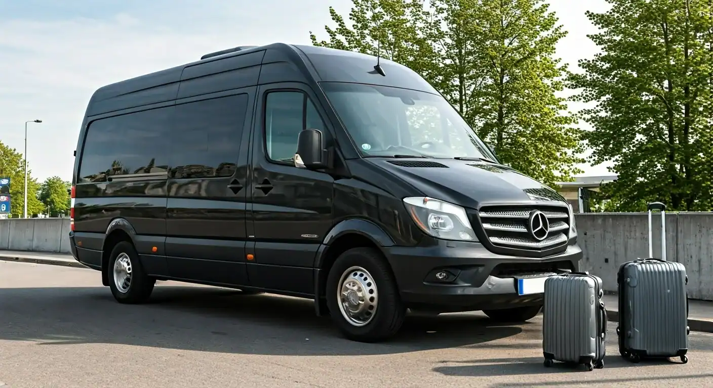 A black Mercedes-Benz van, part of a Limo Service New Jersey fleet, is parked on a street next to a concrete barrier, with two gray suitcases standing upright on the pavement. Green trees are in the background.