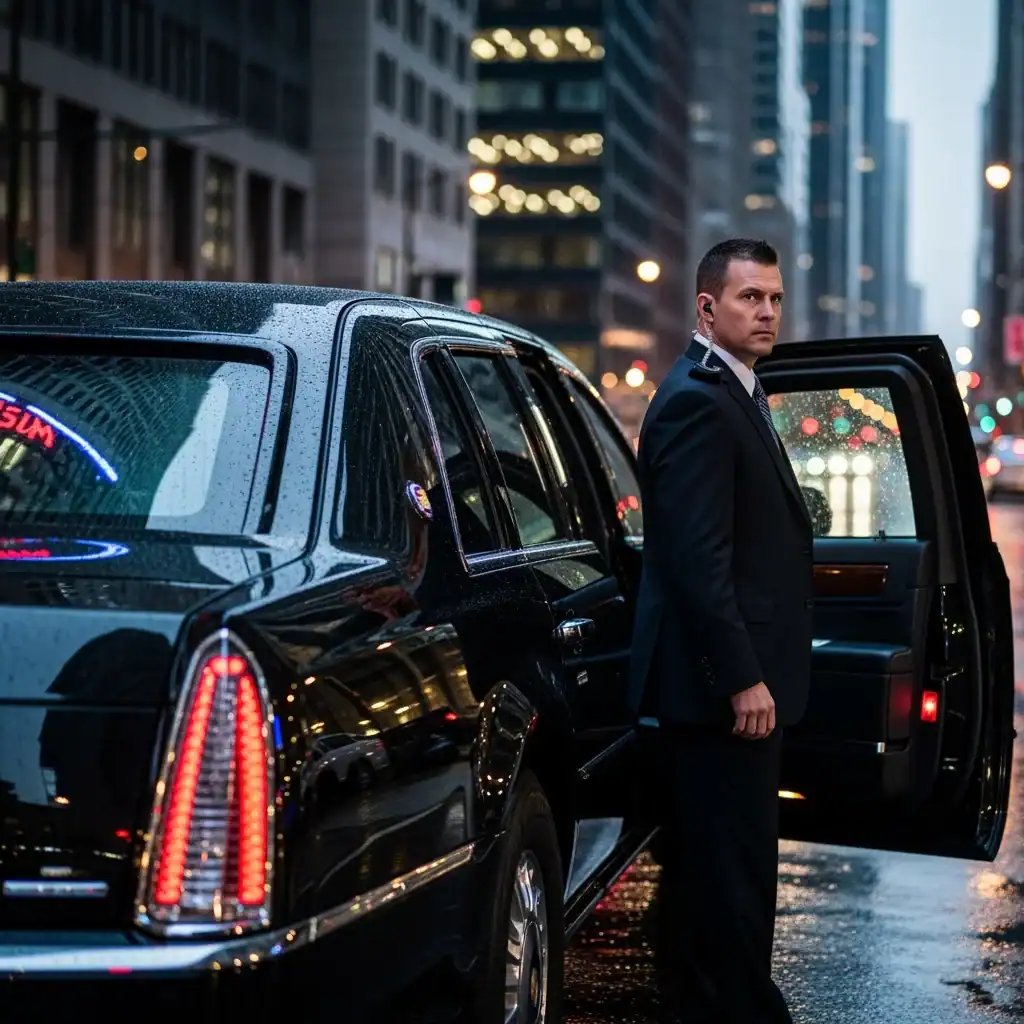 A serious security guard in a suit stands by the open door of a black limousine on a wet city street at dusk, with tall buildings and bright lights in the background.