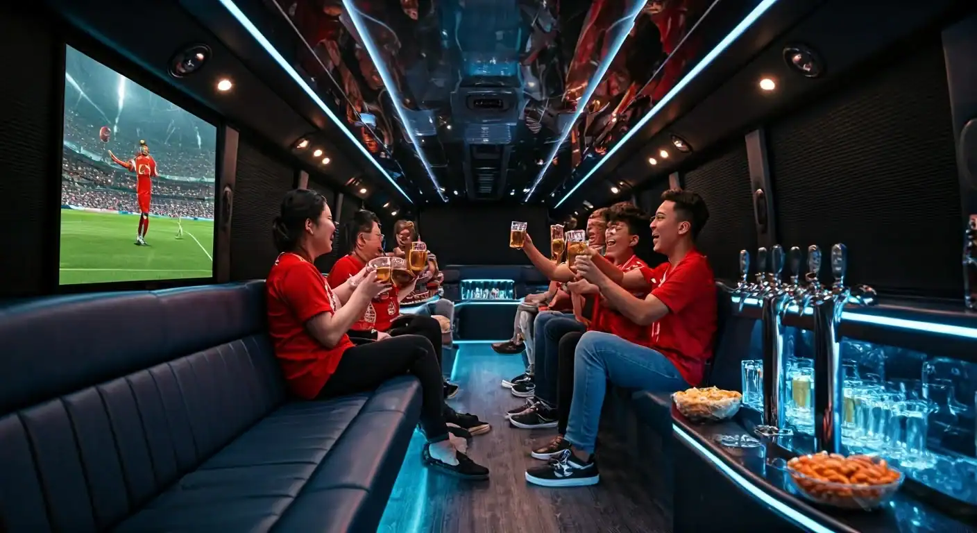 A group of people in red shirts sit in a party bus from a Limo Service New Jersey, clinking glasses under neon blue lighting and watching a soccer game on the TV. Snacks and drinks are spread out on the table beside them.