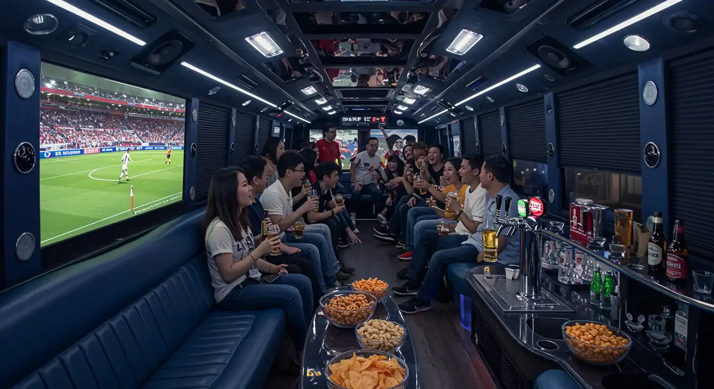 A group of people in casual clothes sit and chat inside a luxury party bus from a Limo Service New Jersey, enjoying blue seats, snacks, and drinks. A large screen shows a soccer match while colorful lights decorate the bus interior.