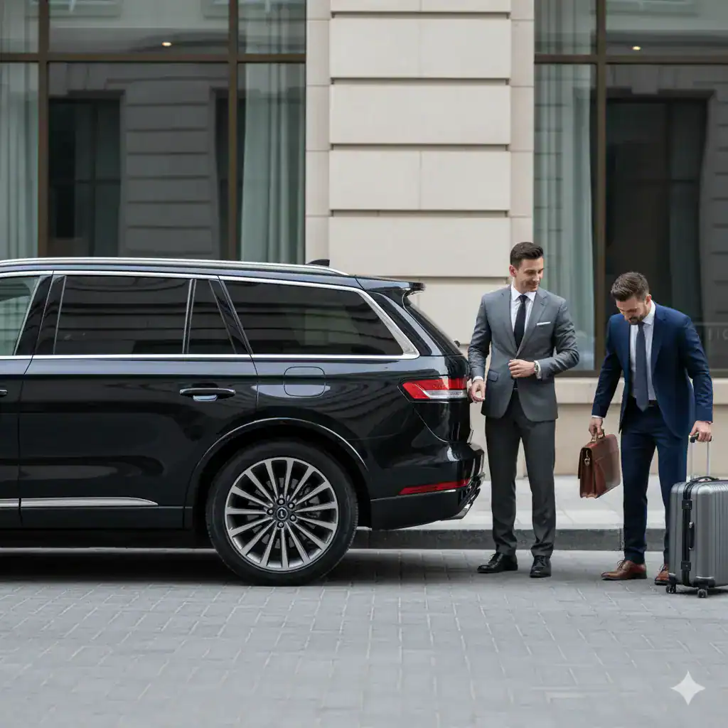 Businessmen preparing for luxury travel with luggage and documents in Mercer County, New Jersey