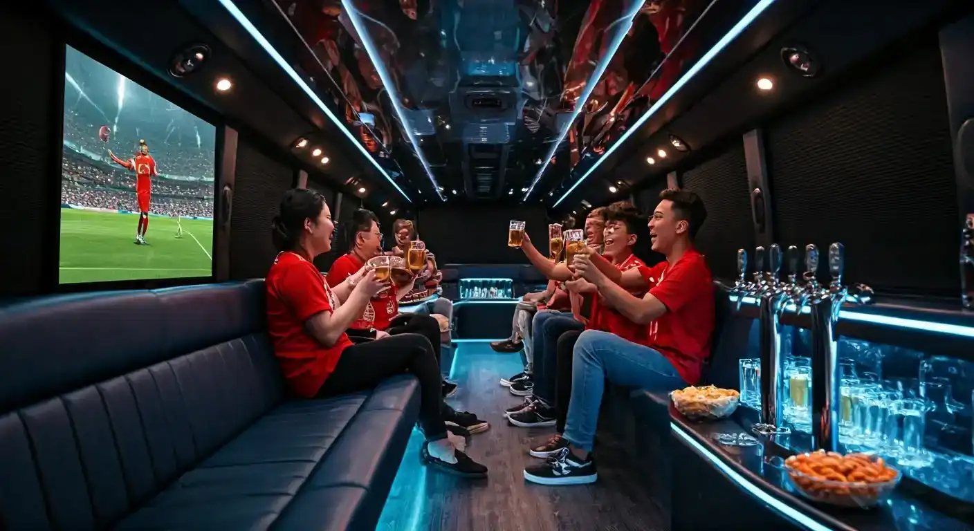Party bus celebration with sports-themed decor and passengers in Nassau County, New York